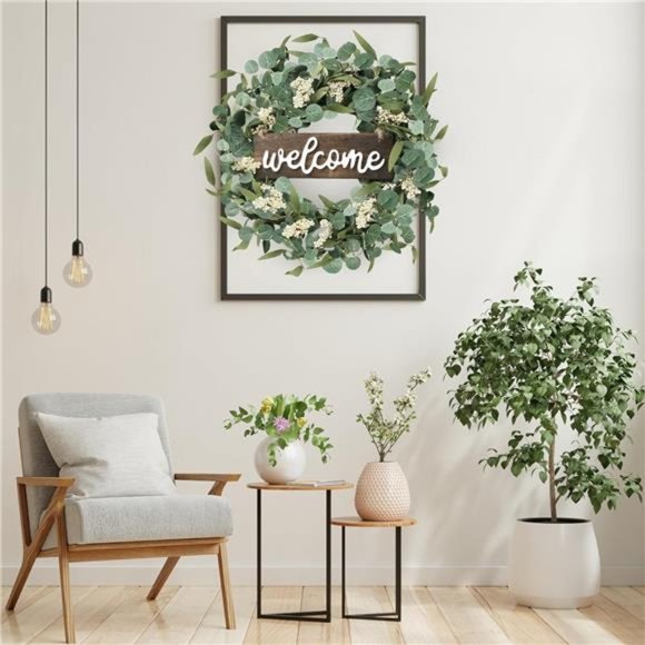 Green Artificial Eucalyptus Wreath with Welcome Sign 20in Spring Summer Wreath - Picture 4 of 7